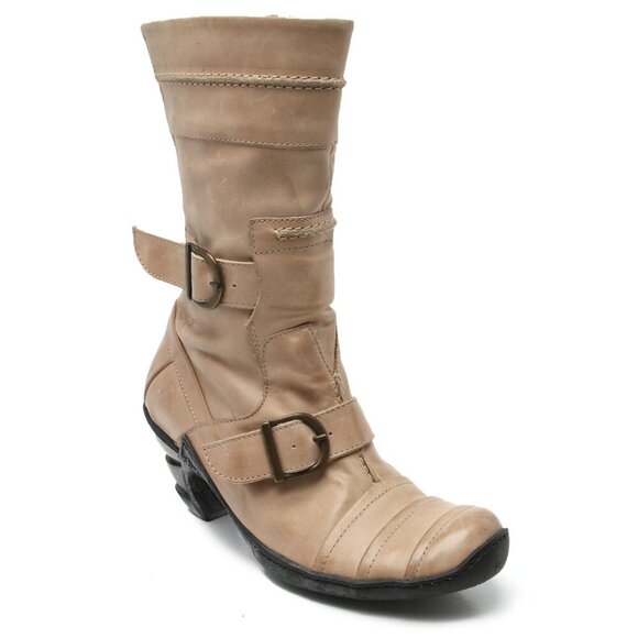 Eject Leather Boot Steampunk Moto Booties Buckles Straps Spiral Heel Tan Beige - Picture 7 of 12